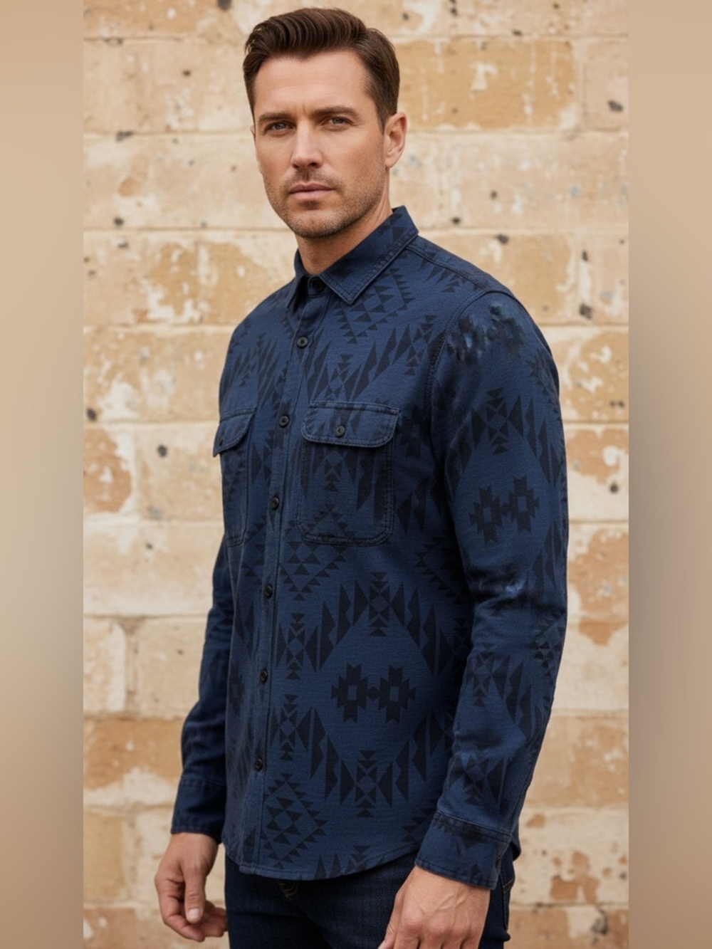 Lucky Brand Men's Aztec/Southwestern Geometric Button Down Shirt in Deep Indigo